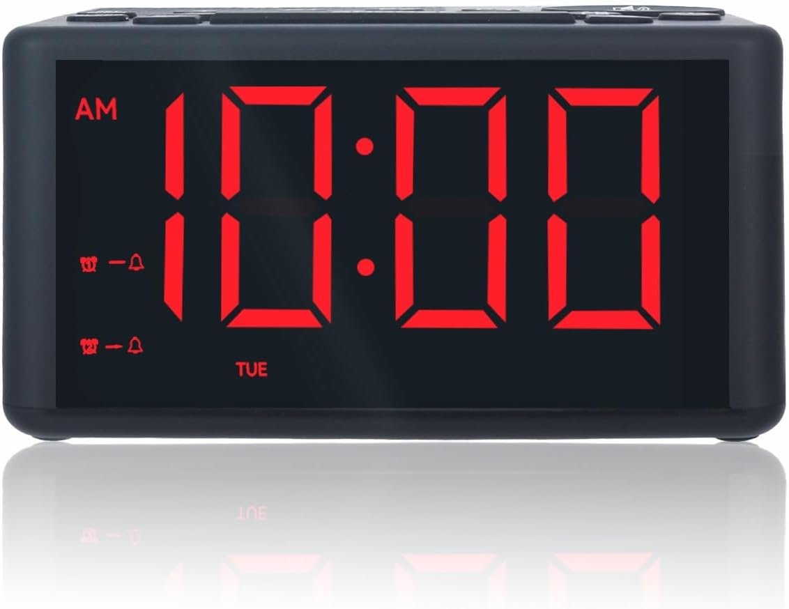 Digital Alarm Clock Radio with AM/FM Radio, Presets, Dual Alarms, Weekday / Weekend Alarm, Snooze, Sleep Timer, Dimmable Red LED Screen for Bedrooms, living rooms, kitchens, offices, etc (Red)