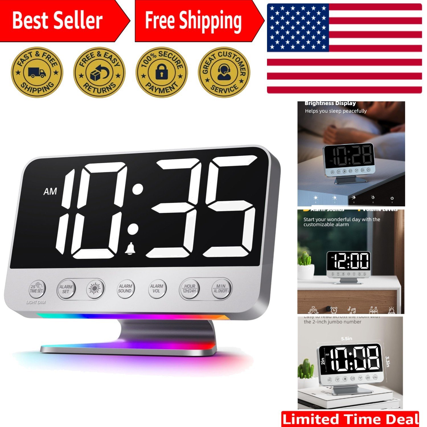 Digital Alarm Clocks for Bedrooms: Large Bold Number 5 Brightness Dimmer - Ea...