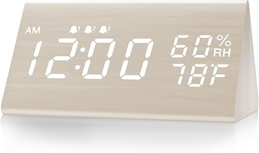 Digital Alarm Clock, with Wooden Electronic LED Time Display, 3 Alarm Settings, Humidity & Temperature Detect, Wood Made Electric Clocks for Bedroom, Bedside (White)