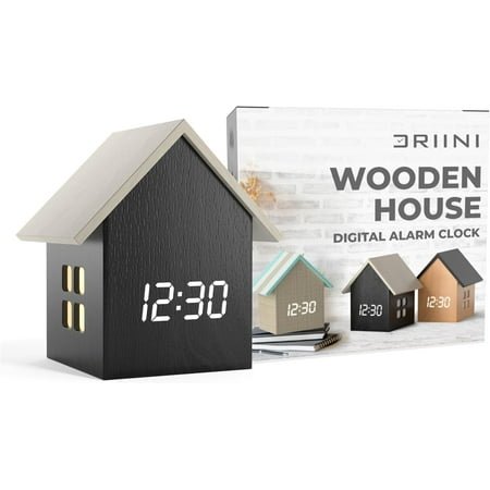 Digital House Shaped Alarm Clock with Temperature Display (Dark Wood) – Modern Aesthetic with Cute Cube Frame and White LED Dimmer - Perfect Small Desk Clock for Bedside Table or Bedroom Mantle