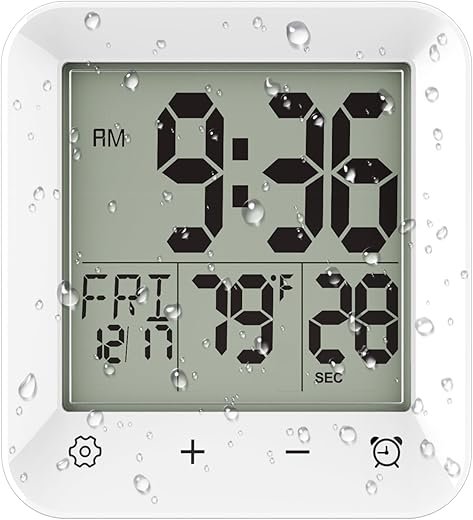 Digital Shower Clock Waterproof, Bathroom Wall Clock Timer with Touch Screen, Temperature, LCD Display, Suction Cup Hanging Hole Stand for Kids and Adults