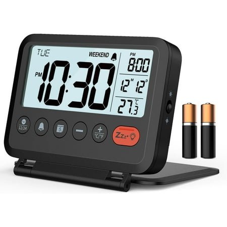 Digital Travel Alarm Clock, Black, 3.54 inch LCD Display, 9-Minute Snooze, 2 Volume Levels, Backlight, Battery Included