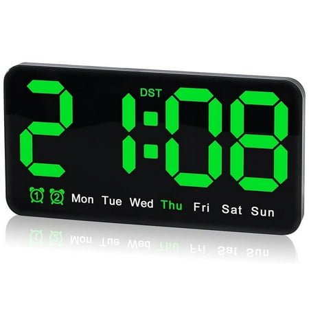 Digital Wall Clock,9.5 Inch,LED Alarm Clock with Big Digits,,Dual Alarm,For Living Room Bedrooms Cla Black&Green ABS