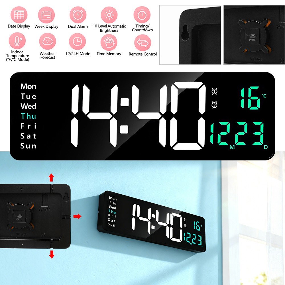Digital Wall Clock Large Display LED Alarm Clocks with Date Week Temperature