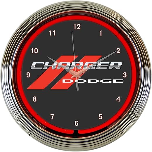 Dodge Charger Red Neon Clock 15 Inch Diameter with Chrome Rim and Red Neon – 8CRGCK