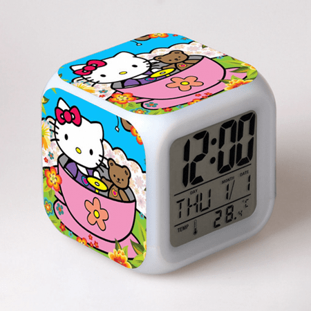 DONNGZAE Digital Alarm Clock for Kids, Hello Kitty Pattern 7 LED Color Changing Wake Up Clock with Thermometer Function and Night Light, Gift for Boys Girls A93-041 SLO526-0652