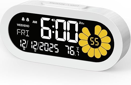 DOOMAY Digital Alarm Clock for Bedroom: Dual Alarm Bedside Clock VA LCD Display with Seconds, 9-Minute Snooze and Weekend Mode, 3 Brightness, 4 Alarms and 3 Volume Levels,Type C & Battery Included
