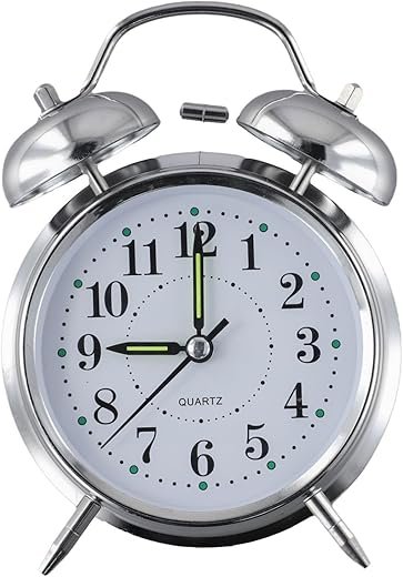 Double Bell Alarm Clock Metal Traditional Desktop Clock With Luminous Hands Night Light Silver Chrome 4 Inch