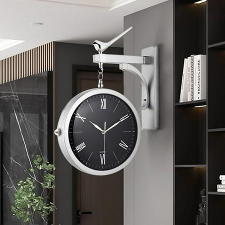 Double Sided Wall Clock with Bird Figurine – Vintage Roman Numerals, Decorative Metal and Glass Hanging Clock, Operated for Living Room Decor (Black)