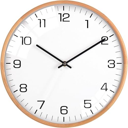 Driini Analog Dome Glass Wall Clock (12") - Wood Frame with White, Modern Face - Battery Operated with Non Ticking Hands - Large Decorative Clocks for Classroom, Office, Living Room, or Bedrooms.