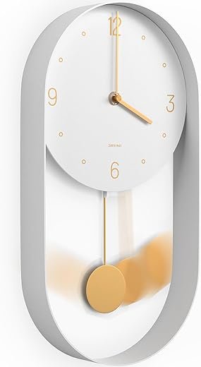 Driini Modern Pendulum Wall Clock - Decorative and Unique Metal Frame, with 8 Inch Face - Contemporary, Minimalist Design, with Silent Non Ticking Operation - Includes Both White and Gold Pendelum