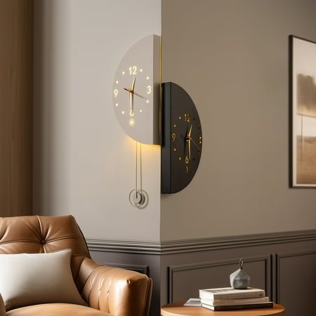Dual Time Zone Corner Clock with Sound-Sensitive Light,Wall Clock for Living Rooms,Offices,Home Studios,School