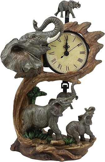 Ebros Wild Safari African Elephant Father and Calf Family Table Clock with Pendulum Elephants by Savannah Forest Jungle Habitat Desktop Clocks Figurine