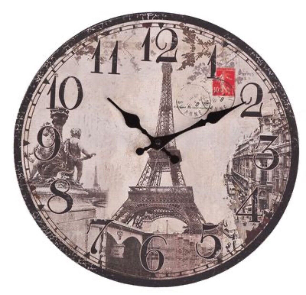 Eiffel Tower Clock - Round, Vintage, Battery Operated, Wall Decor