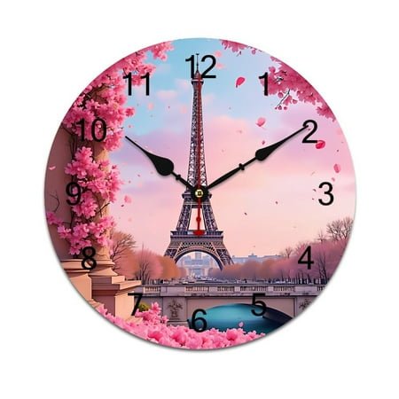 Eiffel Tower with Flowers Cherry Blossom Trees Time Decorative Wall Clocks Round Large Wall Watch Bedroom Home Decor 10 12 14 Inch