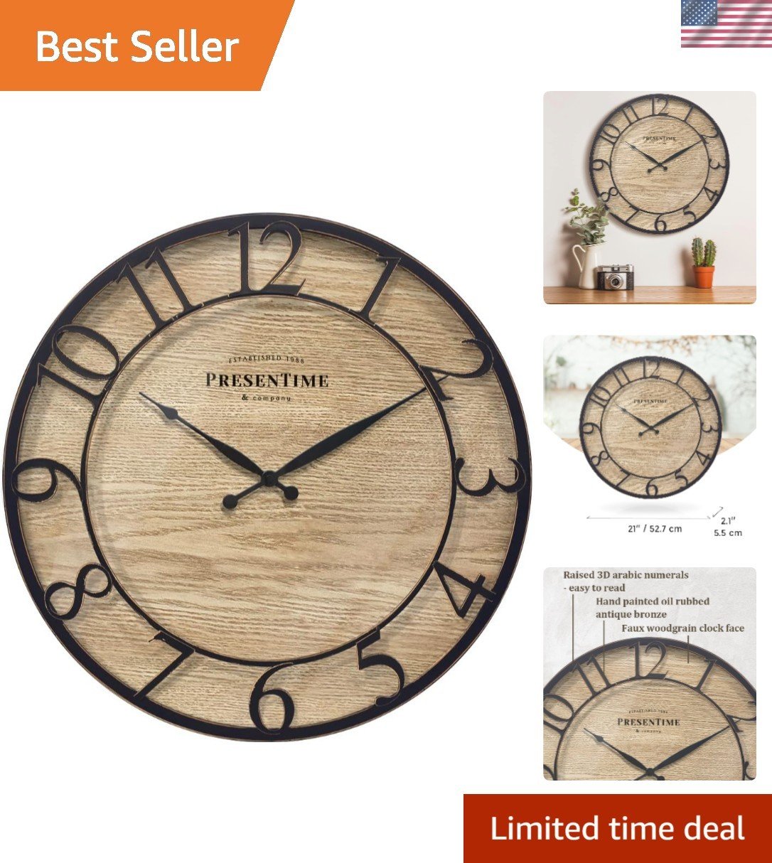 Elegant 21" Farmhouse Wall Clock - Cottage Style, Vintage Design in Antq Bronze