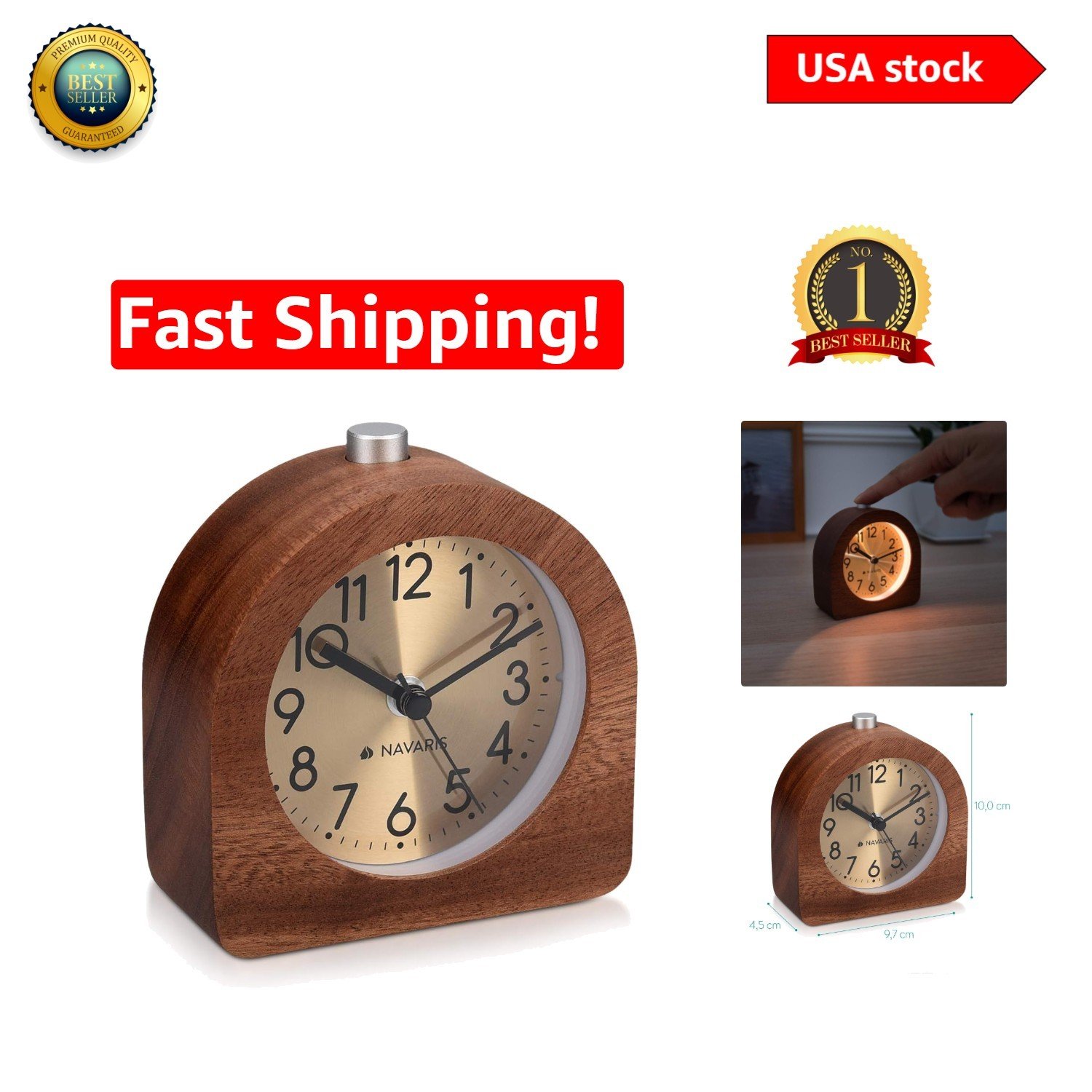 Elegant Wooden Analog Alarm Clock with Gold Dial - Non-Ticking & Snooze Feature