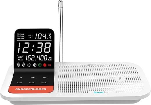 Emerson SmartSet Weather Band Dual Alarm Clock Radio with 15W Wireless Charging, USB Ports, NOAA Alerts, Temperature Sensor, 0.6” Black Backlit LCD Display, Dual Alarm, White
