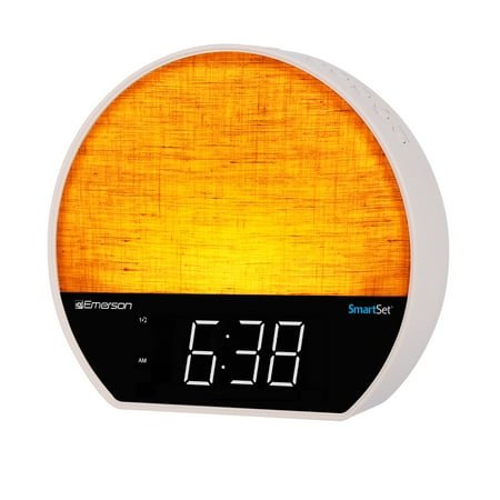 Emerson Sunrise SmartSet Alarm Clock Radio - 1.2 LED Display, White Noise, 6 Soothing Sounds, 8-Color Dimmable LED, Bluetooth Speaker, White - CKSS7071