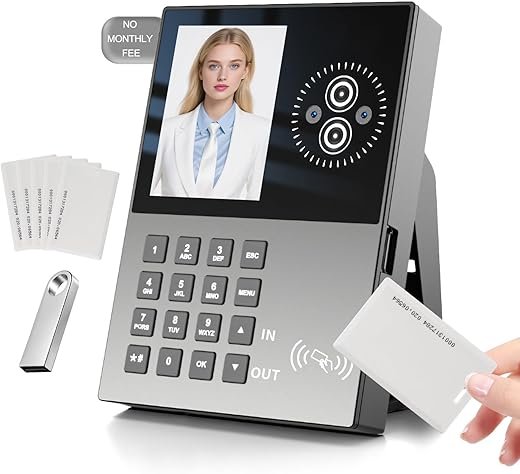 Employee Time Clock-Time Clocks for Employees Small Business Face Recognition,Badges&PIN Attendance Machine, 0 Monthly Fee Office in/Out Punch Clock, with 5 Badges & USB Flash Drive-T500