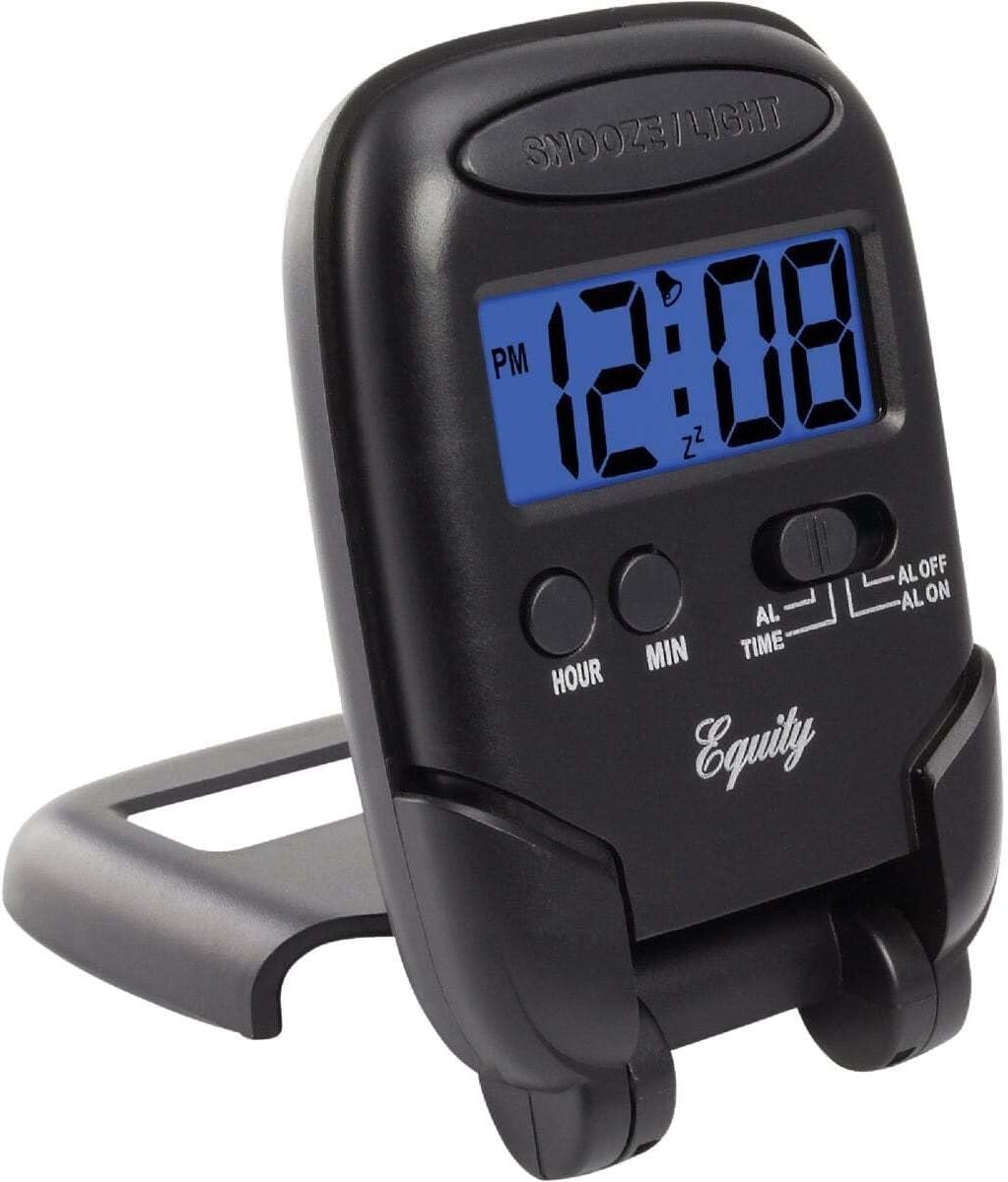 Equity 31302 LCD Fold-Up Travel Alarm Clock with Blue Backlight, 3.85L x 2.50W x 4.00H, Black