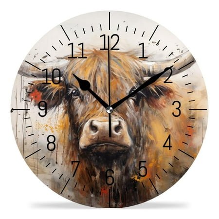 erolrail Rustic Wall Clock,Silent Non Ticking Wall Clocks for Living Room,Bedroom,Kitchen 12IN Watercolor Highland Cow Beautiful