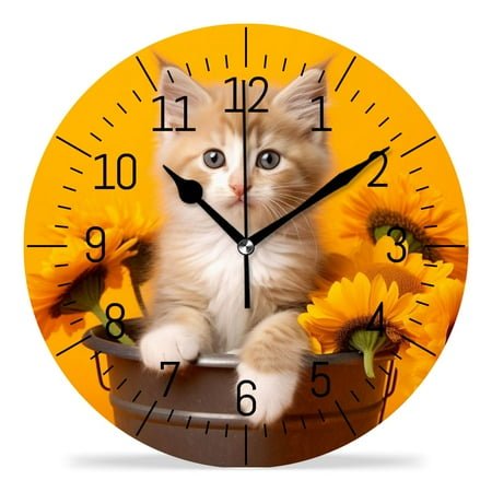 erolrail Rustic Wall Clock,Silent Non Ticking Wall Clocks for Living Room,Bedroom,Kitchen 12IN Cat and Sunflowers In A Basket Beautiful Design