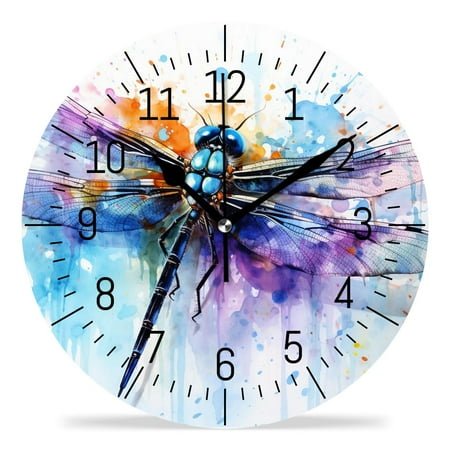erolrail Rustic Wall Clock,Silent Non Ticking Wall Clocks for Living Room,Bedroom,Kitchen 12IN Watercolor Art Dragonfly Print