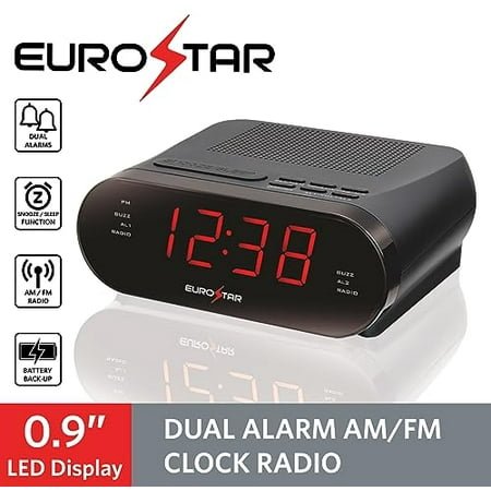 EUROSTAR CR909 Dual Alarm AM/FM Clock Radio, Black
