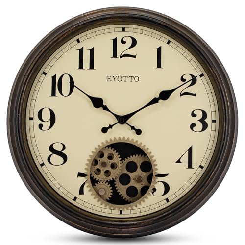 eYotto 15 inch Real Moving Gears Wall Clock, Large Oversized Industrial Retro Vintage Steampunk Indoor Decor, Domed Glass Silent Wall Clocks for Living Room Kitchen Office School
