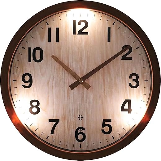 eYotto Night Light Wall Clock, 12 Inch Glow in The Dark Illuminated Silent Wall Clocks Battery Operated for Bedroom Kitchen Living Room Bathroom, Imitation Wood Color
