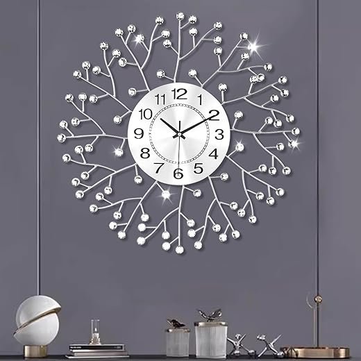 FILLOVE 19.7 Inch Large Decorative Wall Clock for Living Room Decor, Non-Ticking Quiet Modern Metal Starburst Bling Silver Crystal Wall Clock for Living Room, Bedroom, Study, Office