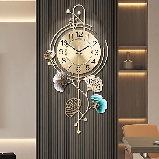 FILLOVE Elegant Metal Wall Clock with Silent Round dial and Gold and Blue Leaves, Modern Non-Walking Silent Metal Wall Clock for Living Room, Bedroom, Study, Office (25in*12in) (Gold Leaf)