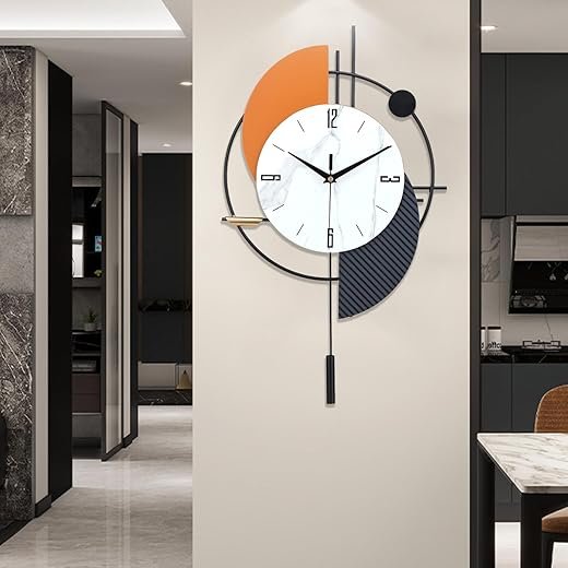 FILLOVE Large Decorative Wall Clock with Pendulum for Living Room, Metal Hands, Orange Accent White Dial, Silent Metal Wall Clock for Living Room, Bedroom, Study, Office