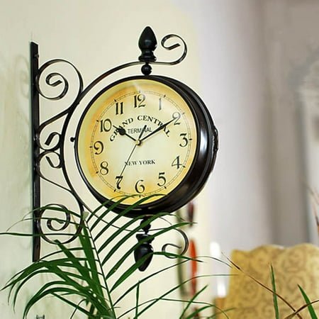 FOMIYES Vintage Double Sided Iron Wall Clock Silent Art Decorative Clock 360 Degree Rotation Antique Design