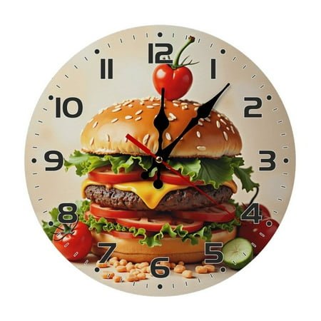Food Burger Wall Clock 10 Inch Silent Non Ticking Round Wooden Clock Decoration for Living Room Kitchen Bedroom Bathroom Office Classroom