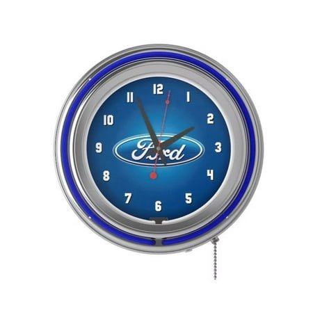 FORD MOTOR COMPANY LICENSED LOGO NEON DOUBLE-RUNG 15 INCH WALL CLOCK BLUE CHROME