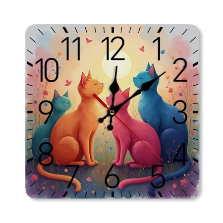 Four Cats In Spring Wall Clock Silent Non-Ticking For Home Office Decor, Decorative Clock Art