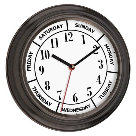 Foxtop Silent 11 Inch Metal Frame Retro Day of the Week Wall Clock for Seniors AND Retiree