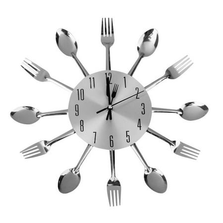 Frcolor Spoon Fork Wall Clock for Kitchen Dining Room Decoration (Silver)