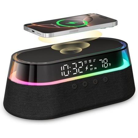 Freefish 6-in-1 Wireless Charging Digital Alarm Clock: Bluetooth Speaker, FM Radio, Dual Alarms, 15W Qi Fast Charge, LED Night Light,Bedroom Clock, Black