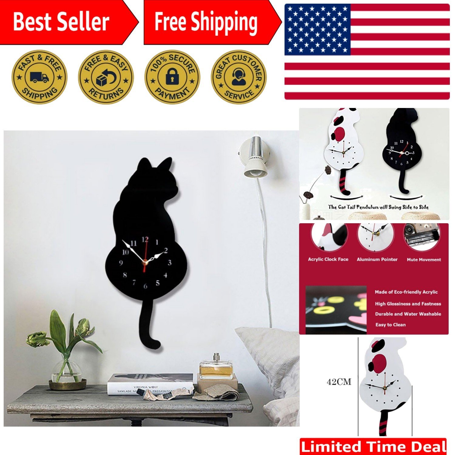 Fun Acrylic Cat Wall Clock with Whimsical Pendulum - 42cm x 18cm, Perfect Gift
