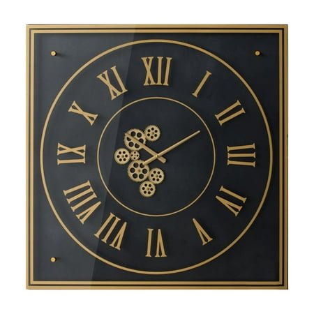 Gear Wall Clock - Roman Numeral Square Clock - Black & Gold Finish - Vintage Style Decor