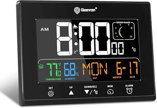Geevon Digital Atomic Alarm Clocks for Bedrooms with 2 USB Ports, Color VA Display Atomic Clock with Indoor Temperature and Humidity, DST, Calendar, and Moon Phases for Seniors Elderly