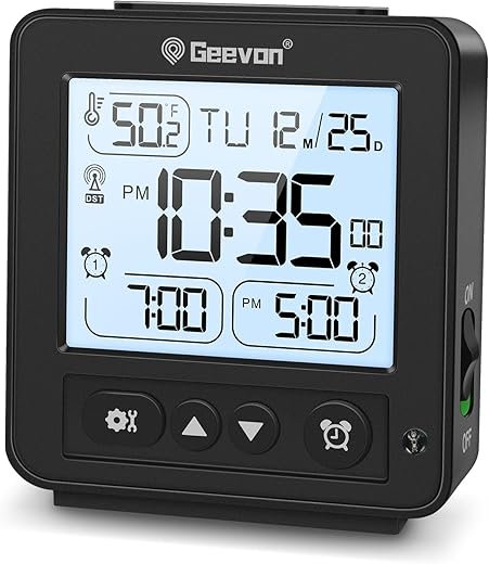 Geevon Small Digital Alarm Clock for Heavy Sleepers, Portable Travel Atomic Clock with Battery Powered, Compact Desk Table Clock with Auto Light Night, Dual Alarms, 8s Backlight for Bedroom, Black