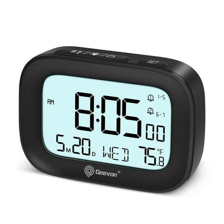 Geevon Small Travel Alarm Clock, Digital Alarm Clocks for Bedrooms Home Office, Battery Operated Desk Clock with 3 Inch Large Display, 2 Alarms, 5s Backlight, Snooze, Indoor Temperature(Black)
