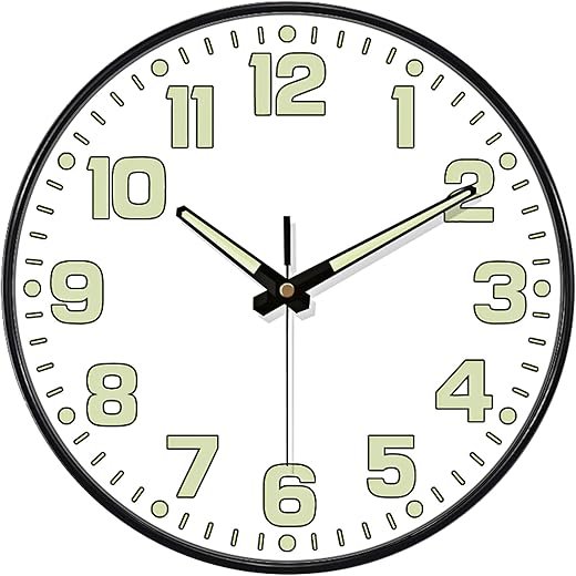 Glow in The Dark Wall Clock, 8" Silent Non-Ticking Wall Clocks Battery Operated, Large Easy Read Numbers Tempered Glass Night Light Analog Clock for Bedroom Living Room Kitchen Office, White