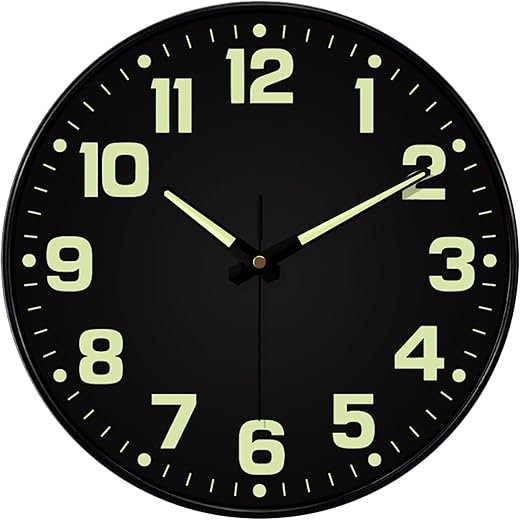 Glow in The Dark Wall Clock, 8" Silent Non-Ticking Wall Clocks Battery Operated, Large Easy Read Numbers Tempered Glass Night Light Analog Clock for Bedroom Living Room Kitchen Office, Black