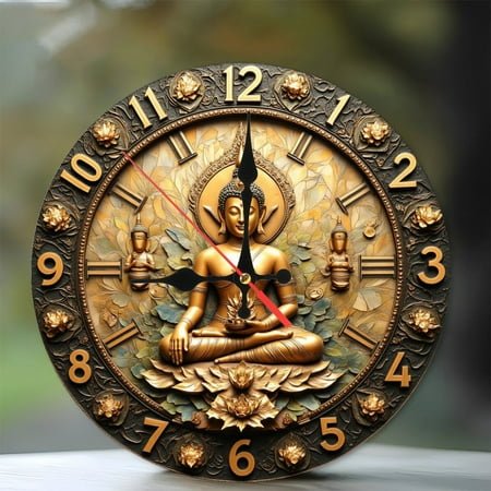 Golden Buddha Lotus Wall Clock 10-Inch Silent Wooden Wall Clock, Battery Operated (AA Batteries Not Included), Artistic Home Decor
