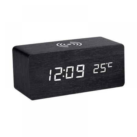 GOODLY Modern Wooden Wood Digital LED Desk Alarm Clock Thermometer Wireless Charger